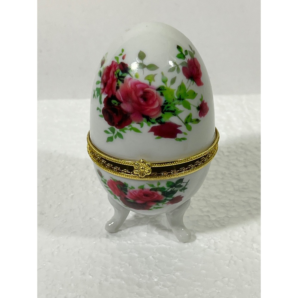 Vintage Porcelain Egg Trinket Box Hinged Rose Floral Gold Trim With Legs 4" Tall